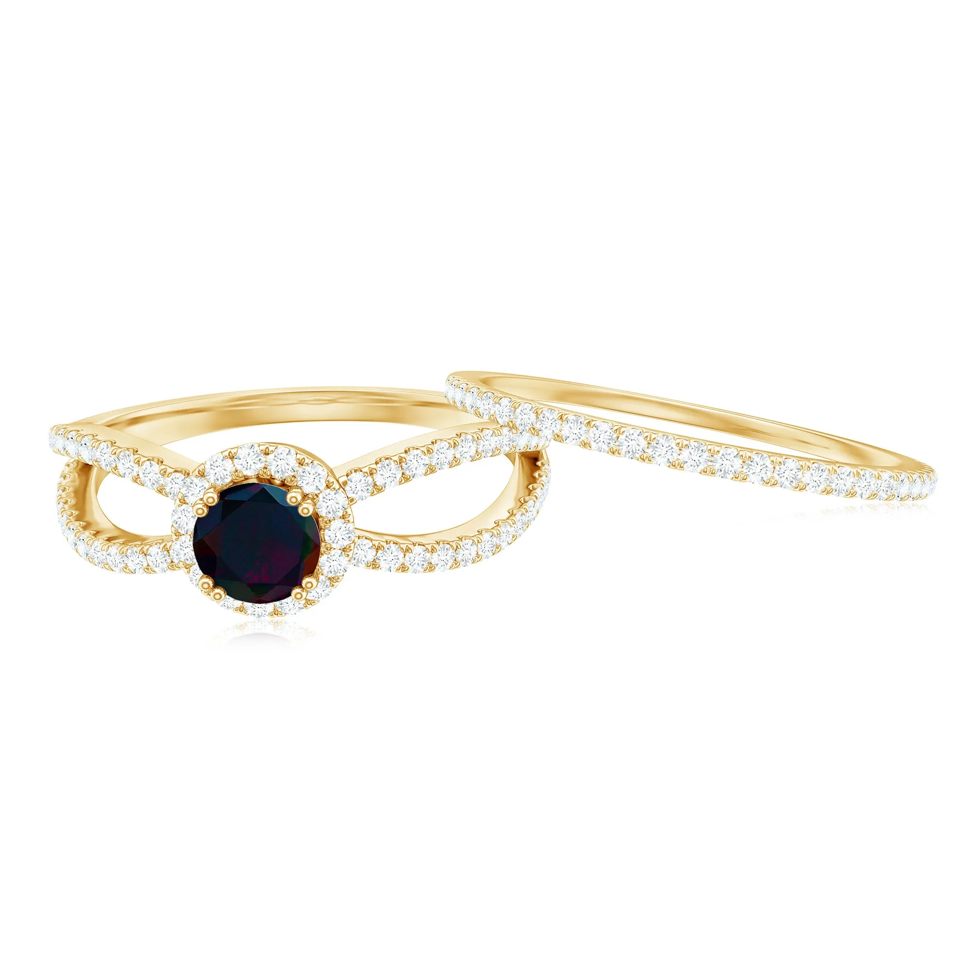 0.75 CT Black Opal Wedding Ring Set with Moissanite in Gold