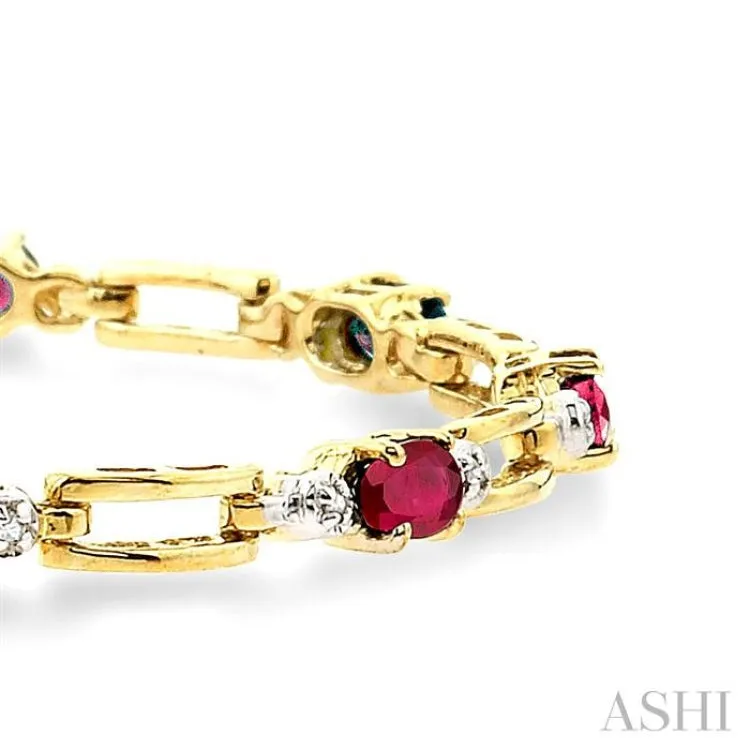 1/10 Ctw Round Cut Diamond & 5x3MM Oval Cut Ruby Precious  Bracelet in 10K Yellow Gold