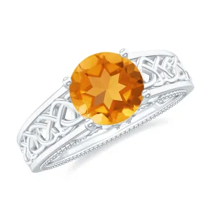 1.25 CT Vintage Style Citrine Solitaire Celtic Knot Band Ring with Diamond