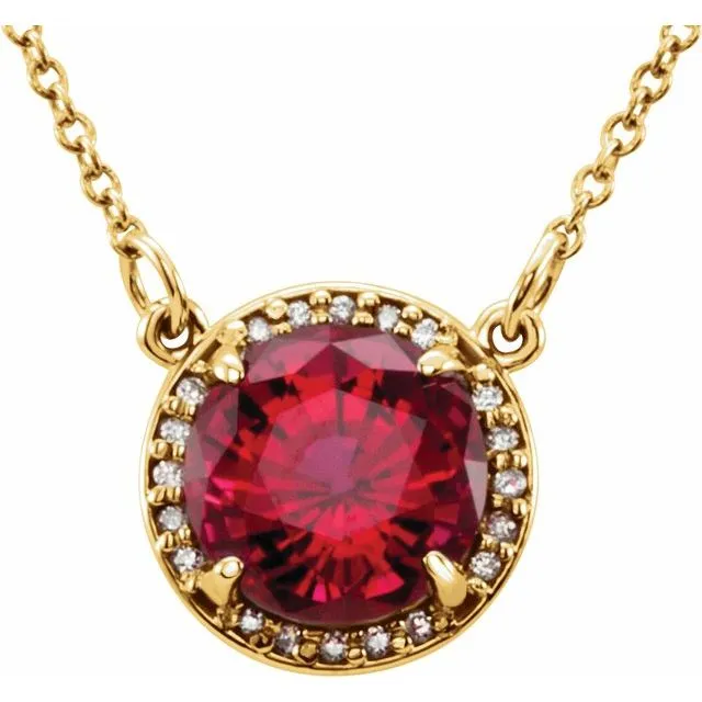 14k Gold 6mm Round Gemstone & Diamond 16" Halo Necklaces