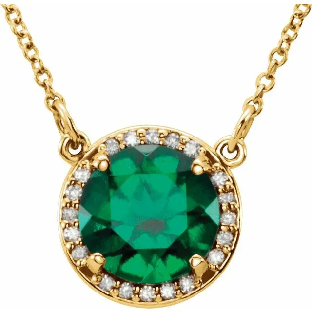 14k Gold 6mm Round Gemstone & Diamond 16" Halo Necklaces