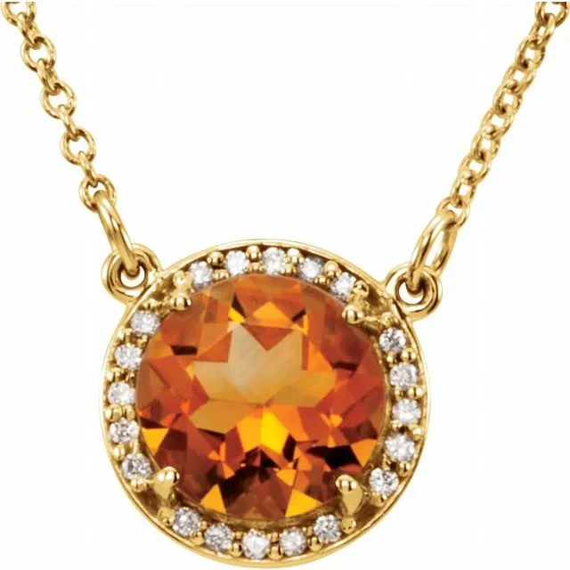 14k Gold 6mm Round Gemstone & Diamond 16" Halo Necklaces