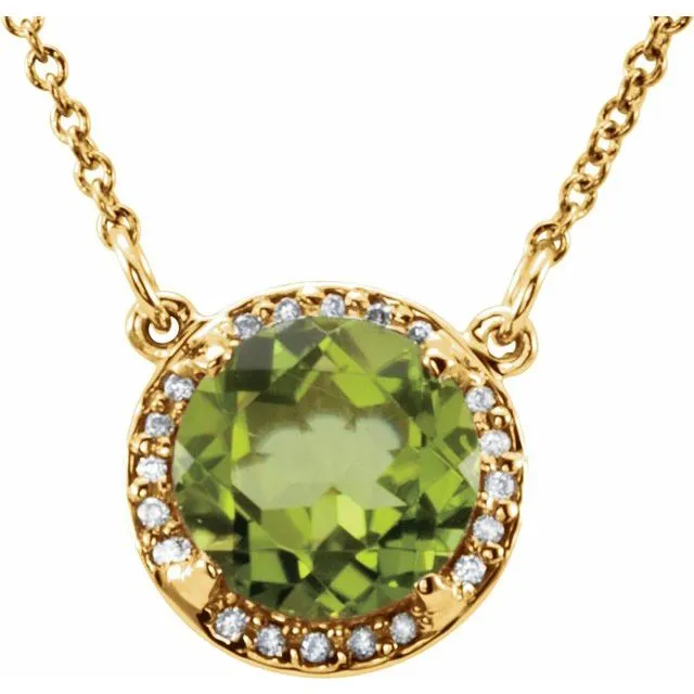 14k Gold 6mm Round Gemstone & Diamond 16" Halo Necklaces