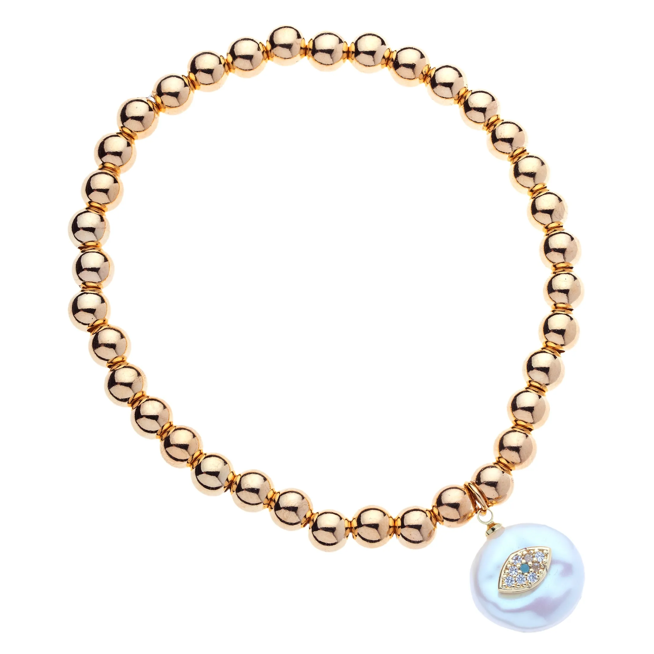 14k Gold Filled 6mm Bead Ball Stretch Bracelet with Diamond Shaped Evil Eye on a Coin Pearl