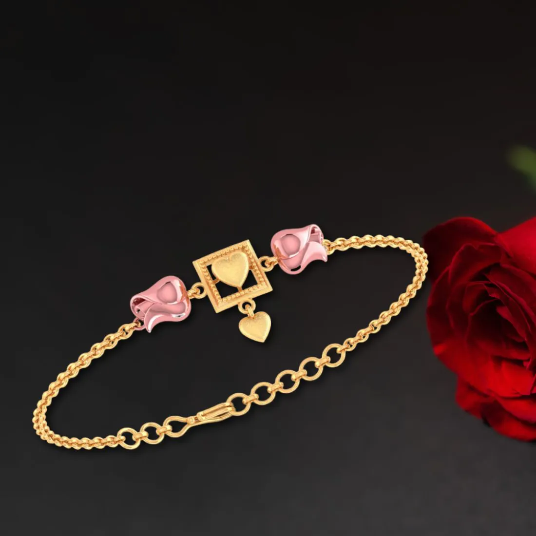 14k Gold Geometric Square And Pink Cz Yellows Bracelet