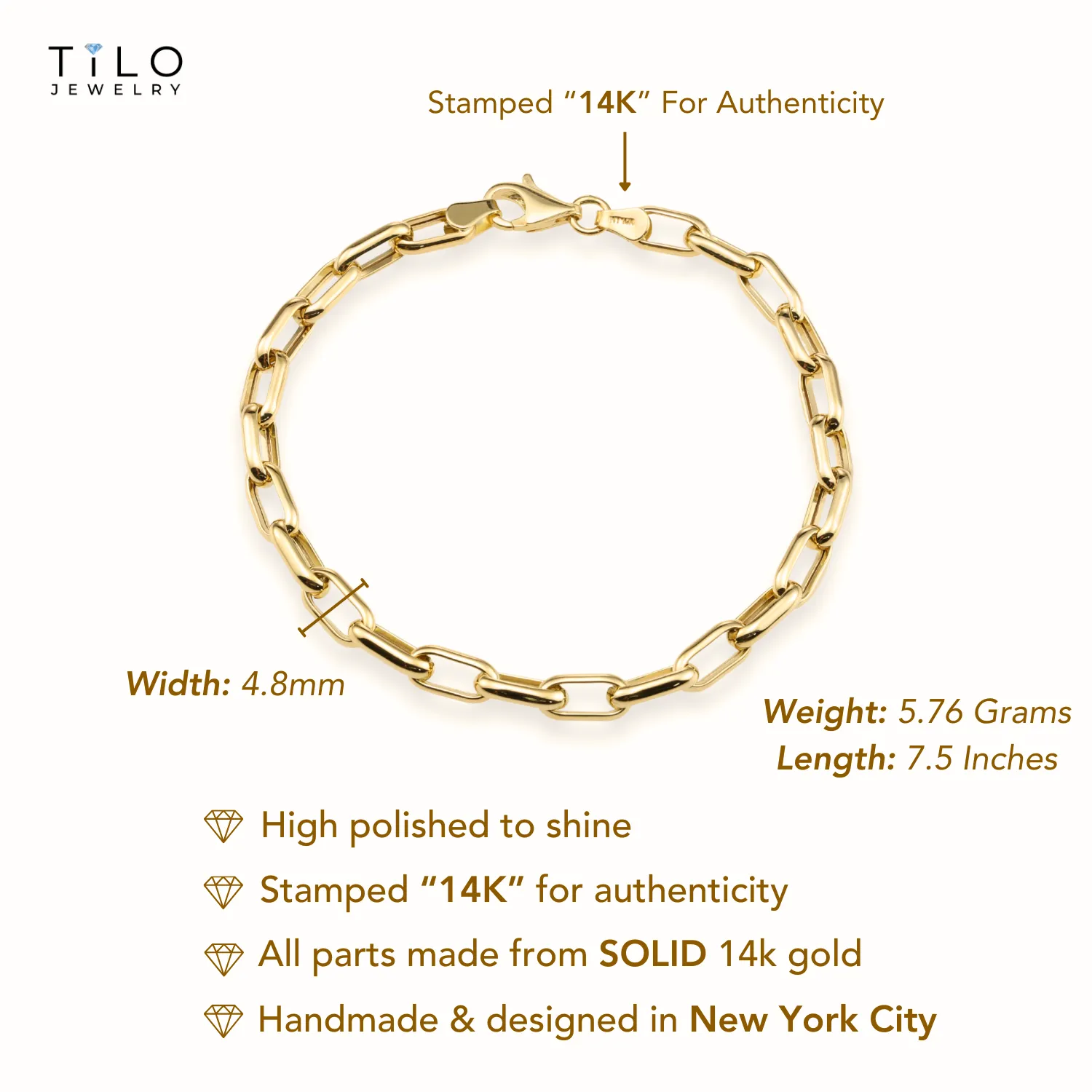 14K Yellow Gold Paperclip Bracelet, 7.5 Inches