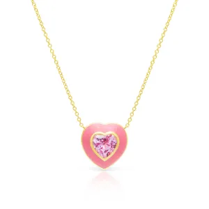 14KT Yellow Gold Pink Topaz Pink Enamel Heart Necklace