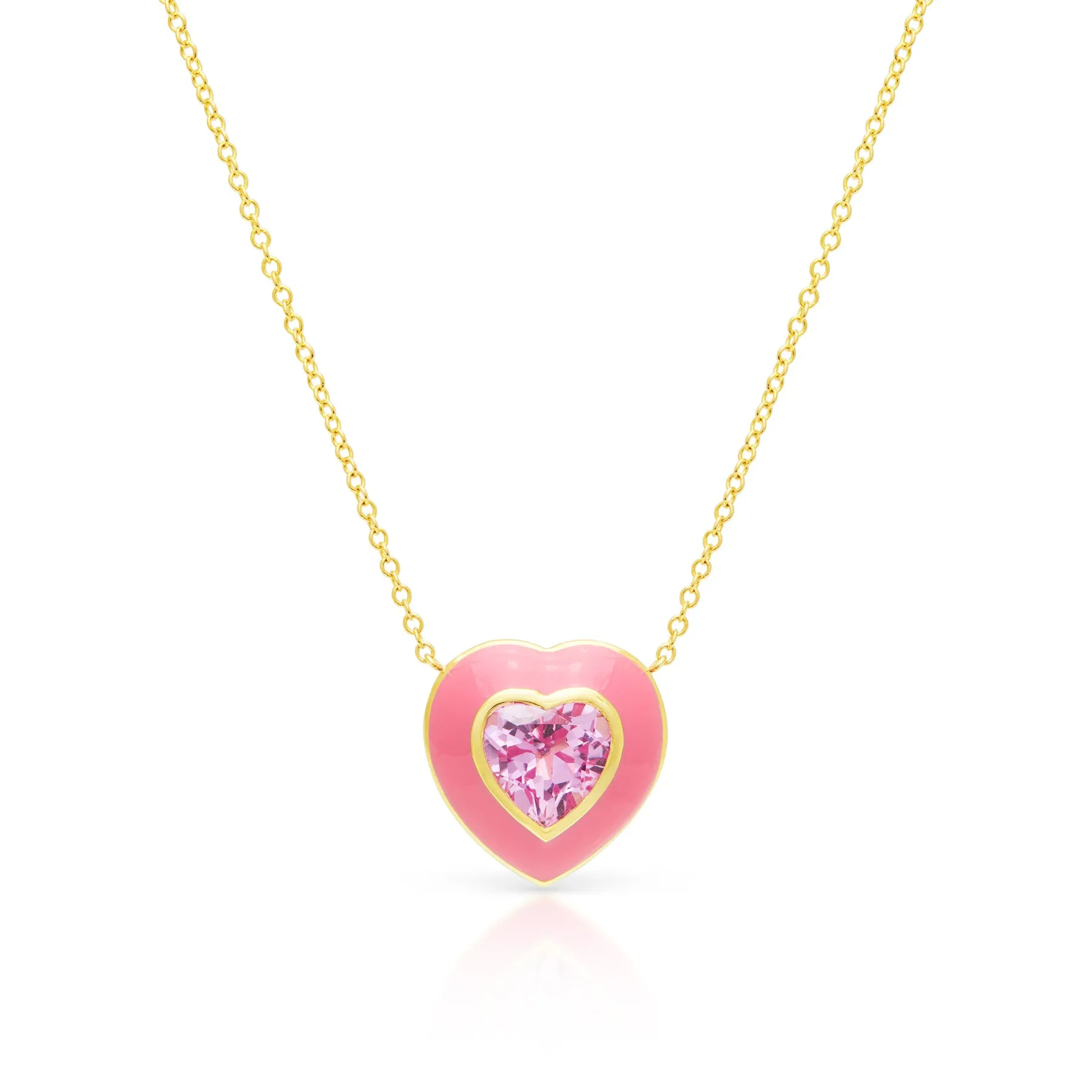 14KT Yellow Gold Pink Topaz Pink Enamel Heart Necklace