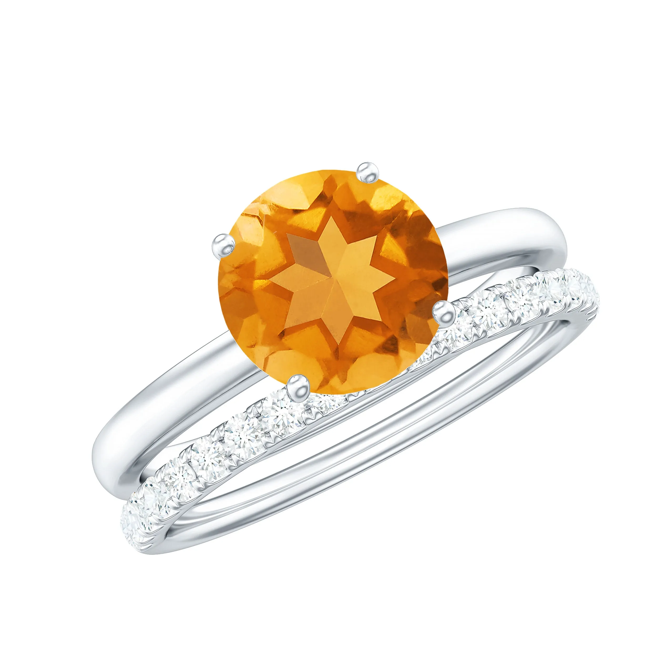 1.75 CT Round Citrine Solitaire and Moissanite Ring Set