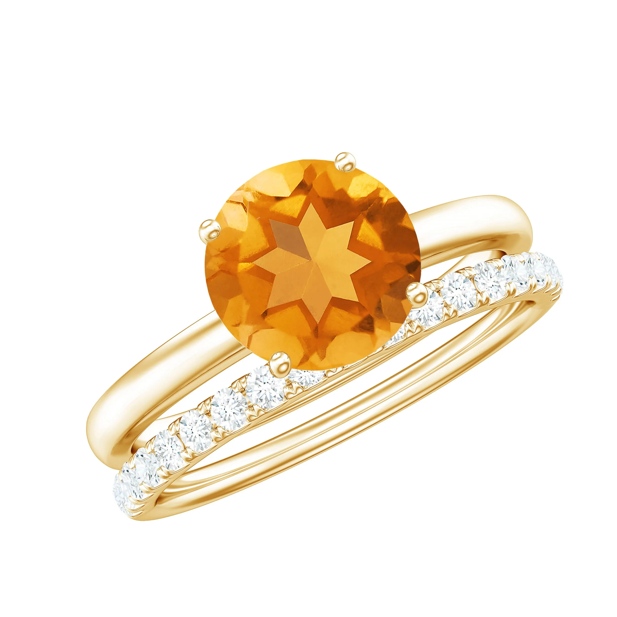 1.75 CT Round Citrine Solitaire and Moissanite Ring Set