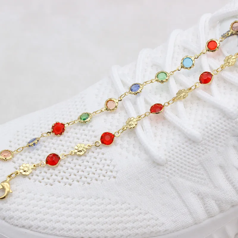 18K GOLD Filled High Polish Finsh RED CRYSTAL Flower ANKLE BRACELET