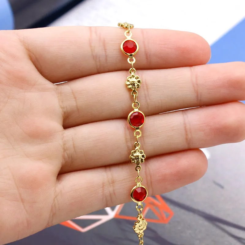 18K GOLD Filled High Polish Finsh RED CRYSTAL Flower ANKLE BRACELET