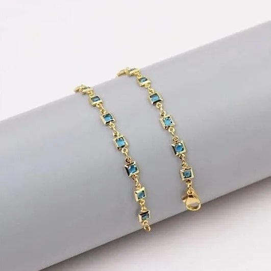 18K Gold Plated Light Blue Crystal Square Ankle Bracelet