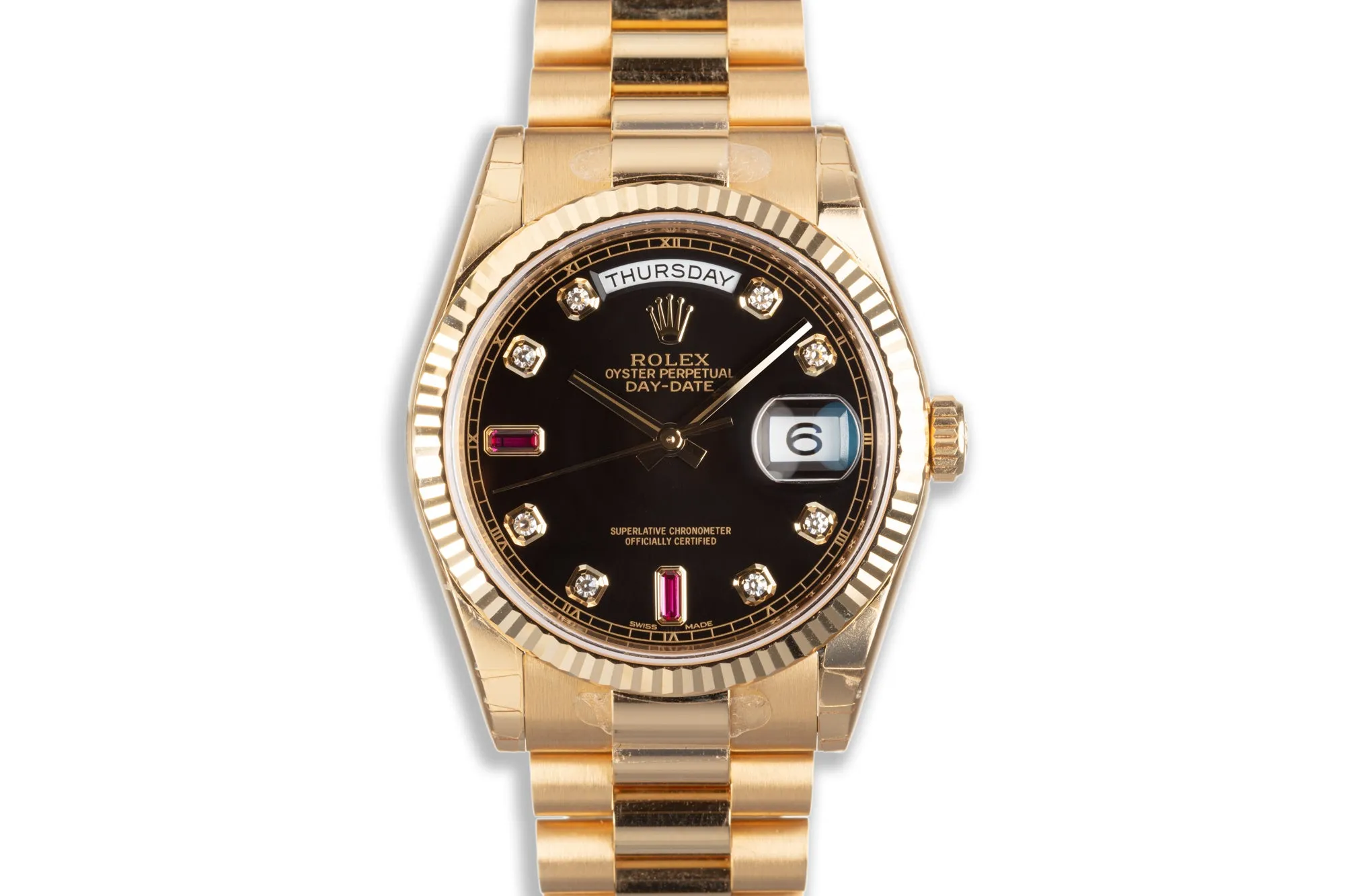 2018 Rolex 18k Day-Date Black Dial with Rubies & Diamonds