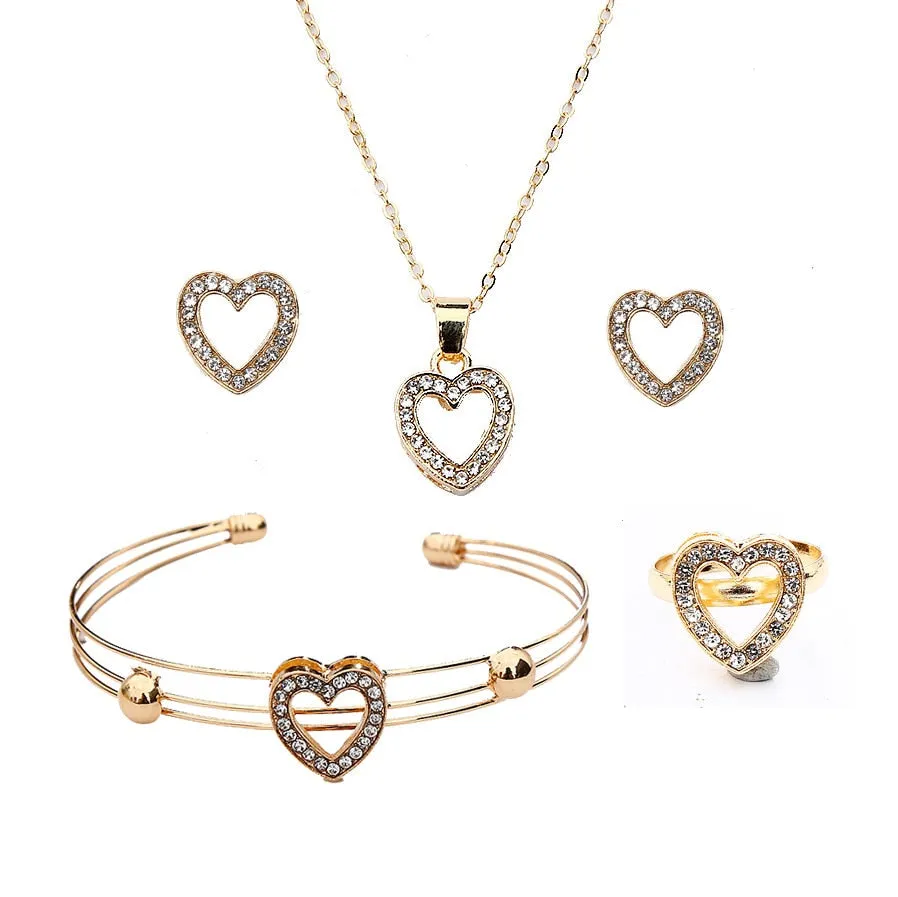 5 Pcs Set Hollow Heart Jewelry Set Gold Color Crystal Crown Party Anniversary Wedding Necklace Earrings Bangle Ring Set