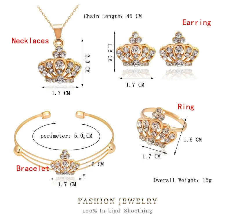 5 Pcs Set Hollow Heart Jewelry Set Gold Color Crystal Crown Party Anniversary Wedding Necklace Earrings Bangle Ring Set