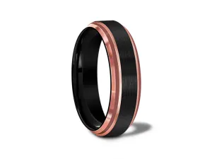 6MM BRUSHED BLACK TUNGSTEN WEDDING BAND ROSE GOLD EDGES AND BLACK INTERIOR