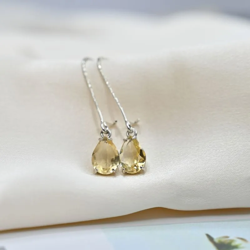 925 Sterling Silver Citrine Dangle Earrings - Drop Earrings for Women - November Birthstone, Handmade 7X10mm Teardrop Gemstone Vintage Jewelry - Trendy and Classic Elegant Jewelry Gift for Women