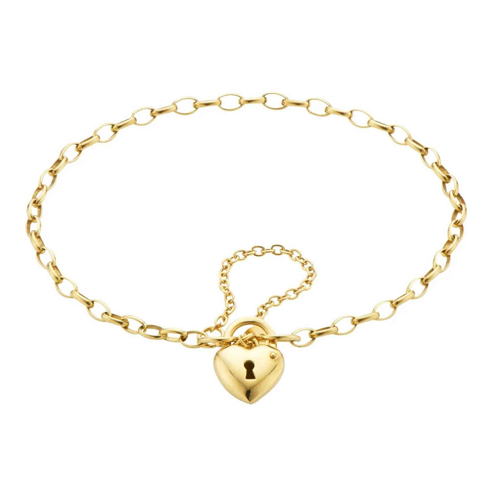 9ct Yellow Gold Silver Filled 19cm Oval Belcher Heart Padlock Bracelet