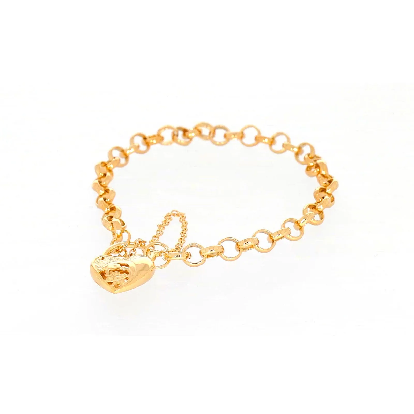 9ct Yellow Gold Silver Filled 19cm Round Belcher Heart Padlock Bracelet