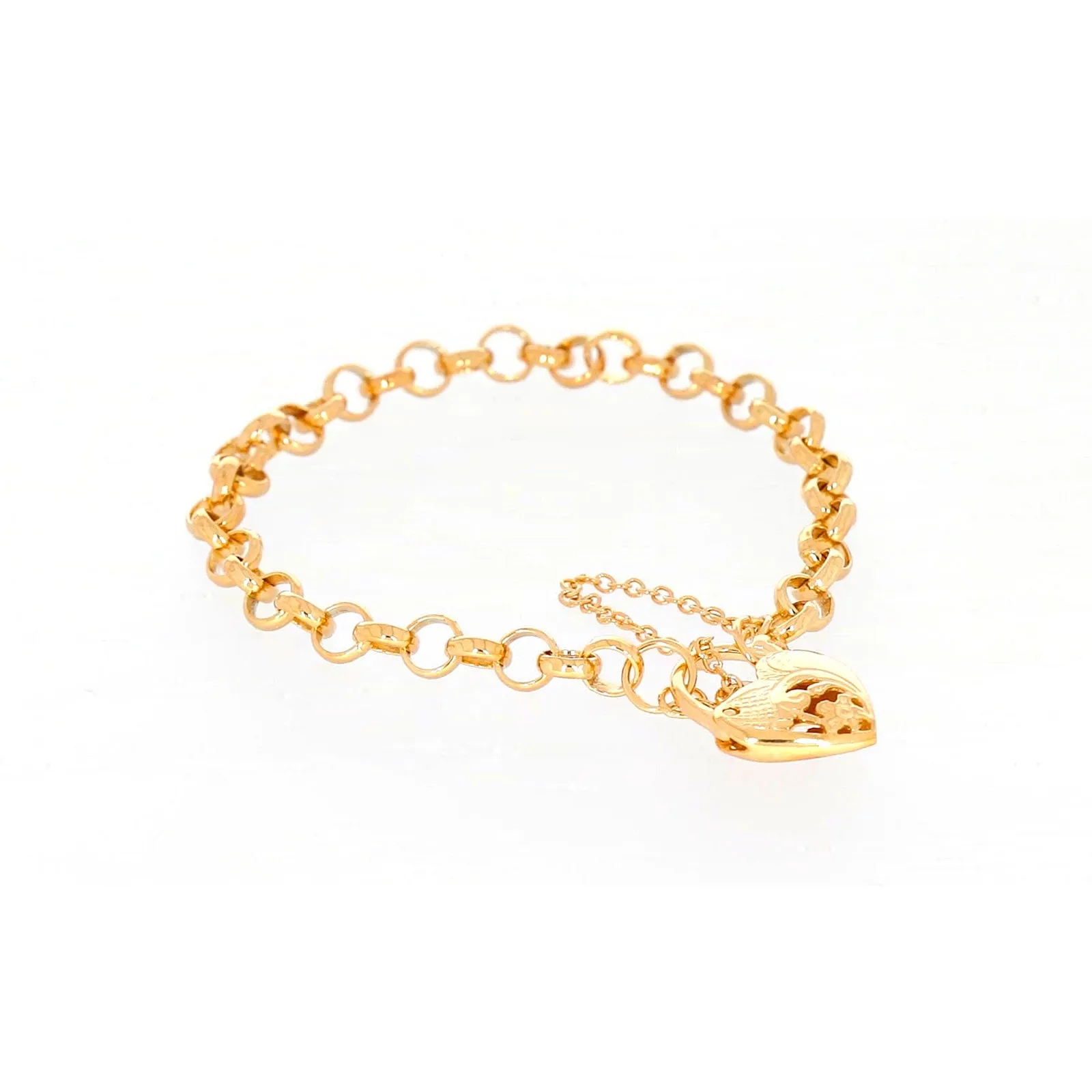 9ct Yellow Gold Silver Filled 19cm Round Belcher Heart Padlock Bracelet