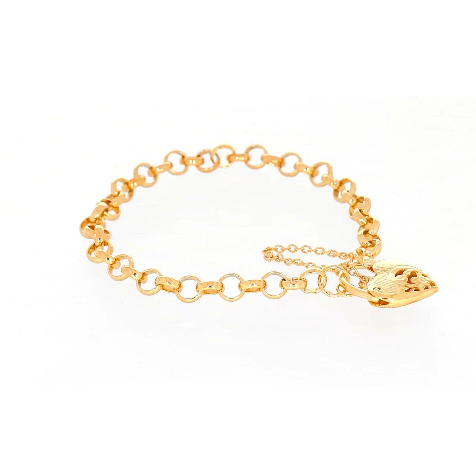 9ct Yellow Gold Silver Filled 19cm Round Belcher Heart Padlock Bracelet