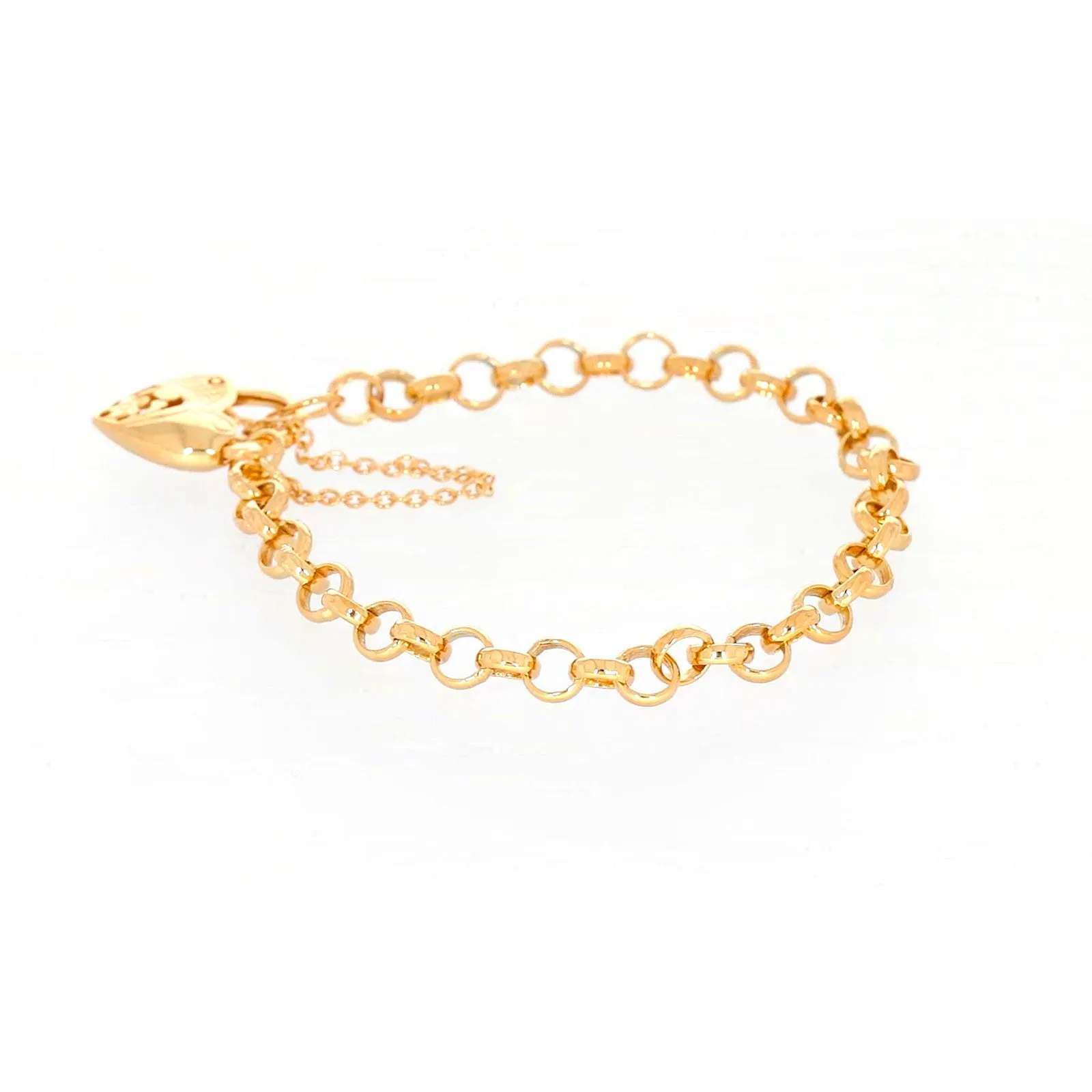 9ct Yellow Gold Silver Filled 19cm Round Belcher Heart Padlock Bracelet