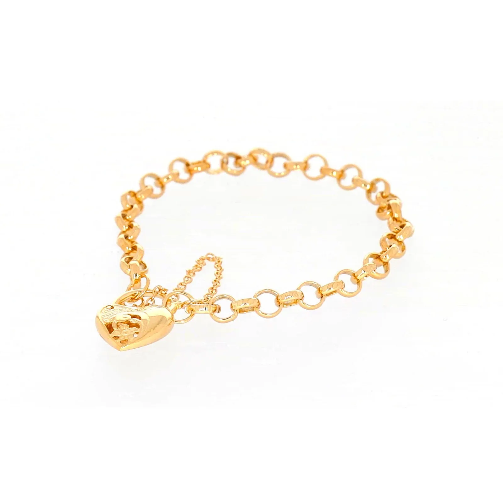 9ct Yellow Gold Silver Filled 19cm Round Belcher Heart Padlock Bracelet