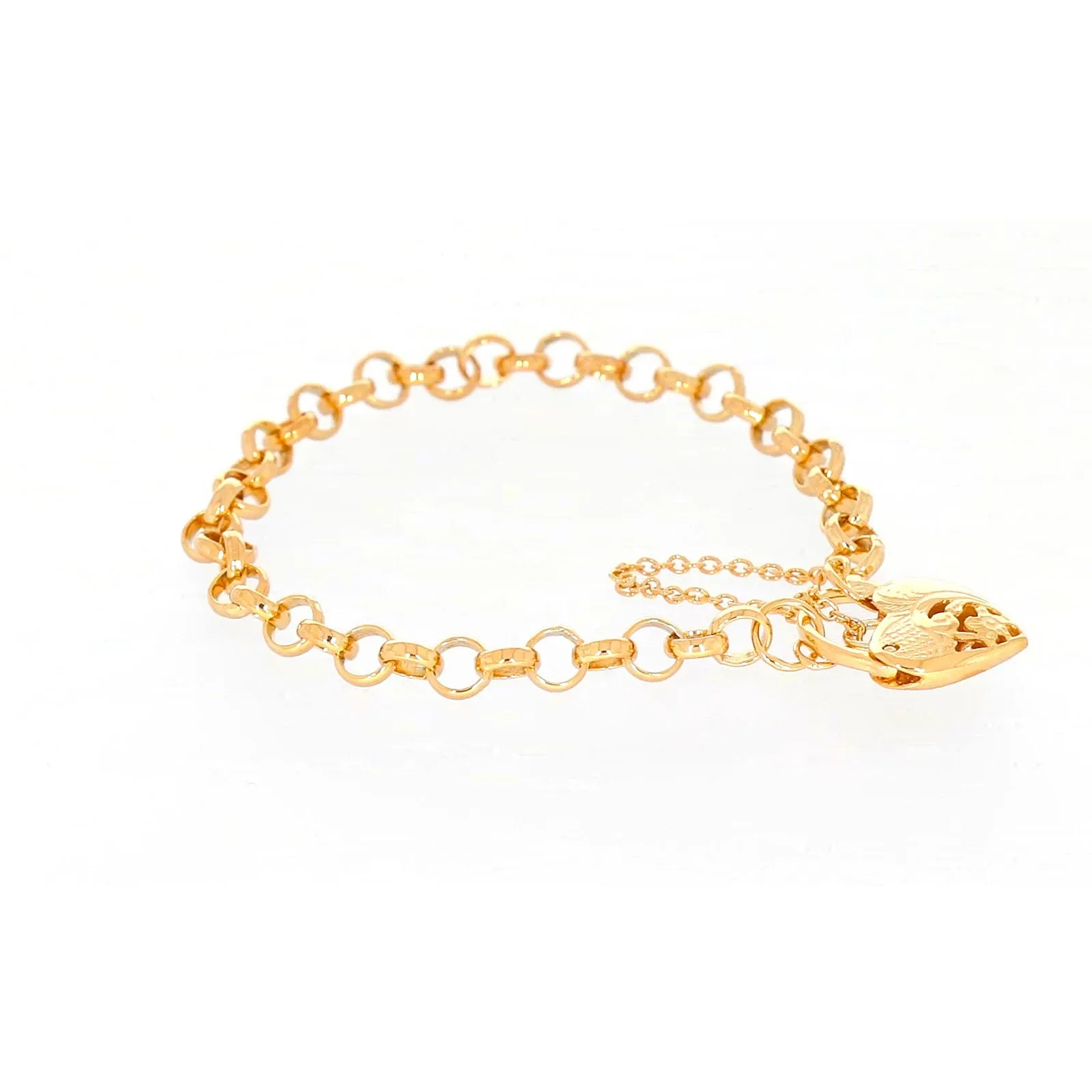 9ct Yellow Gold Silver Filled 19cm Round Belcher Heart Padlock Bracelet