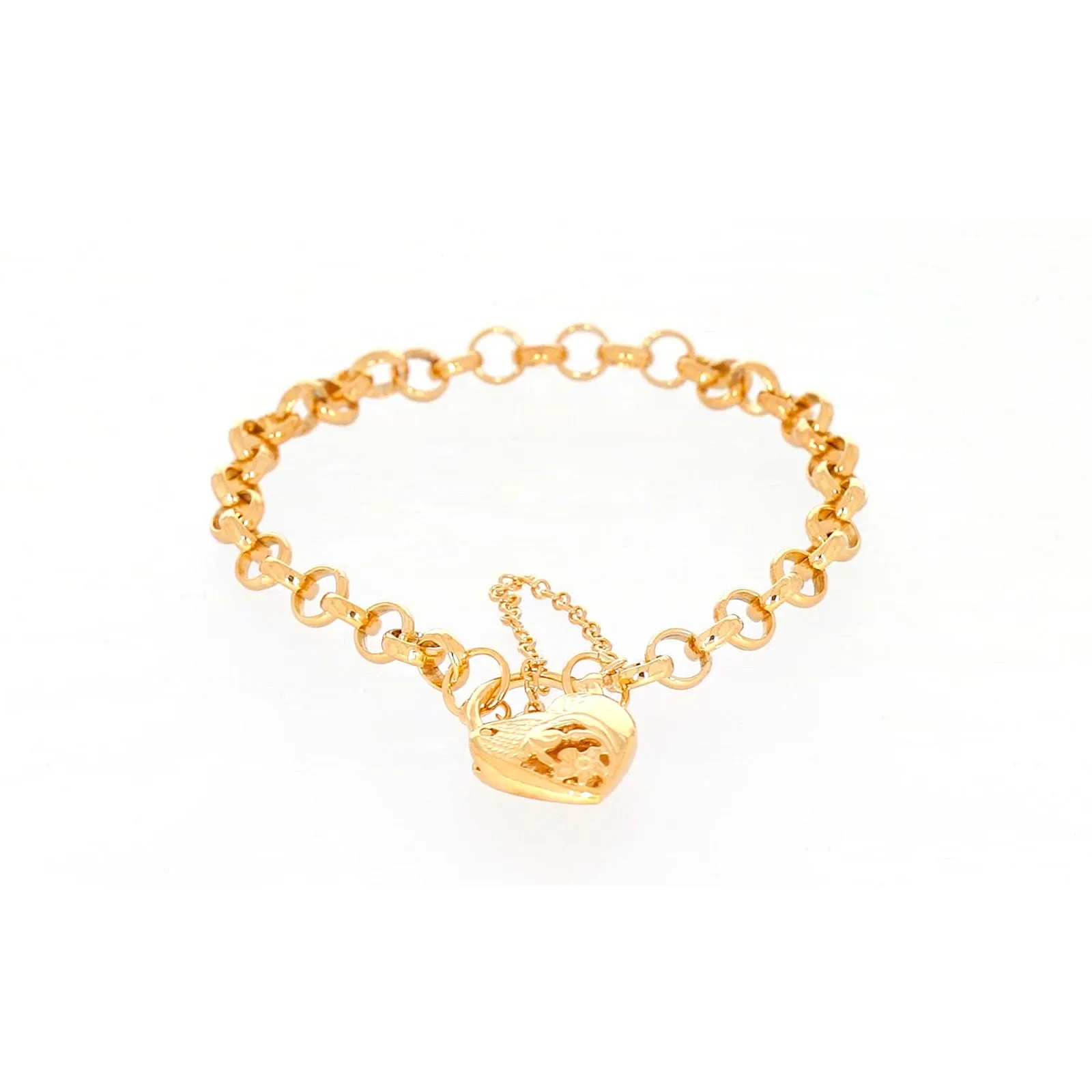 9ct Yellow Gold Silver Filled 19cm Round Belcher Heart Padlock Bracelet