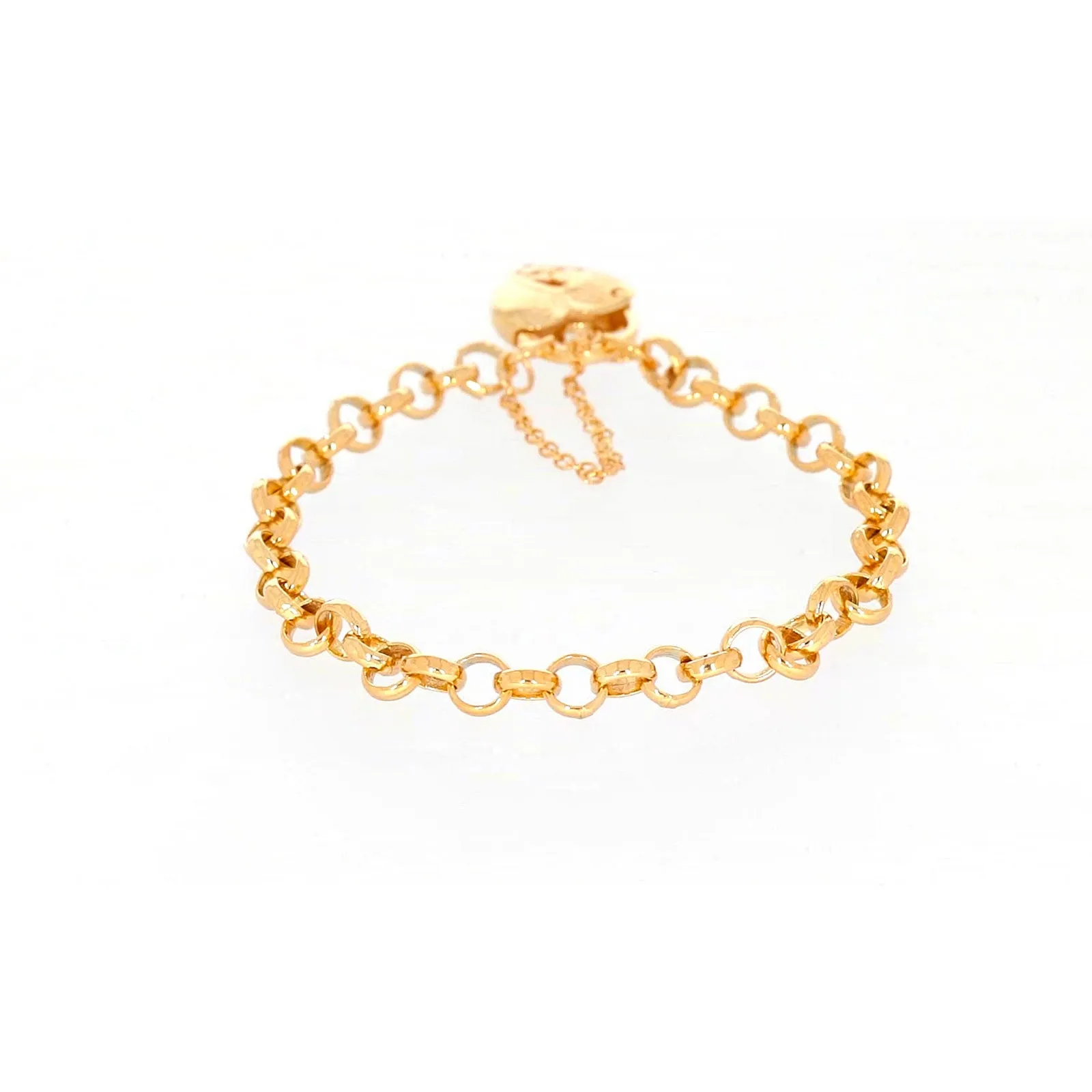 9ct Yellow Gold Silver Filled 19cm Round Belcher Heart Padlock Bracelet