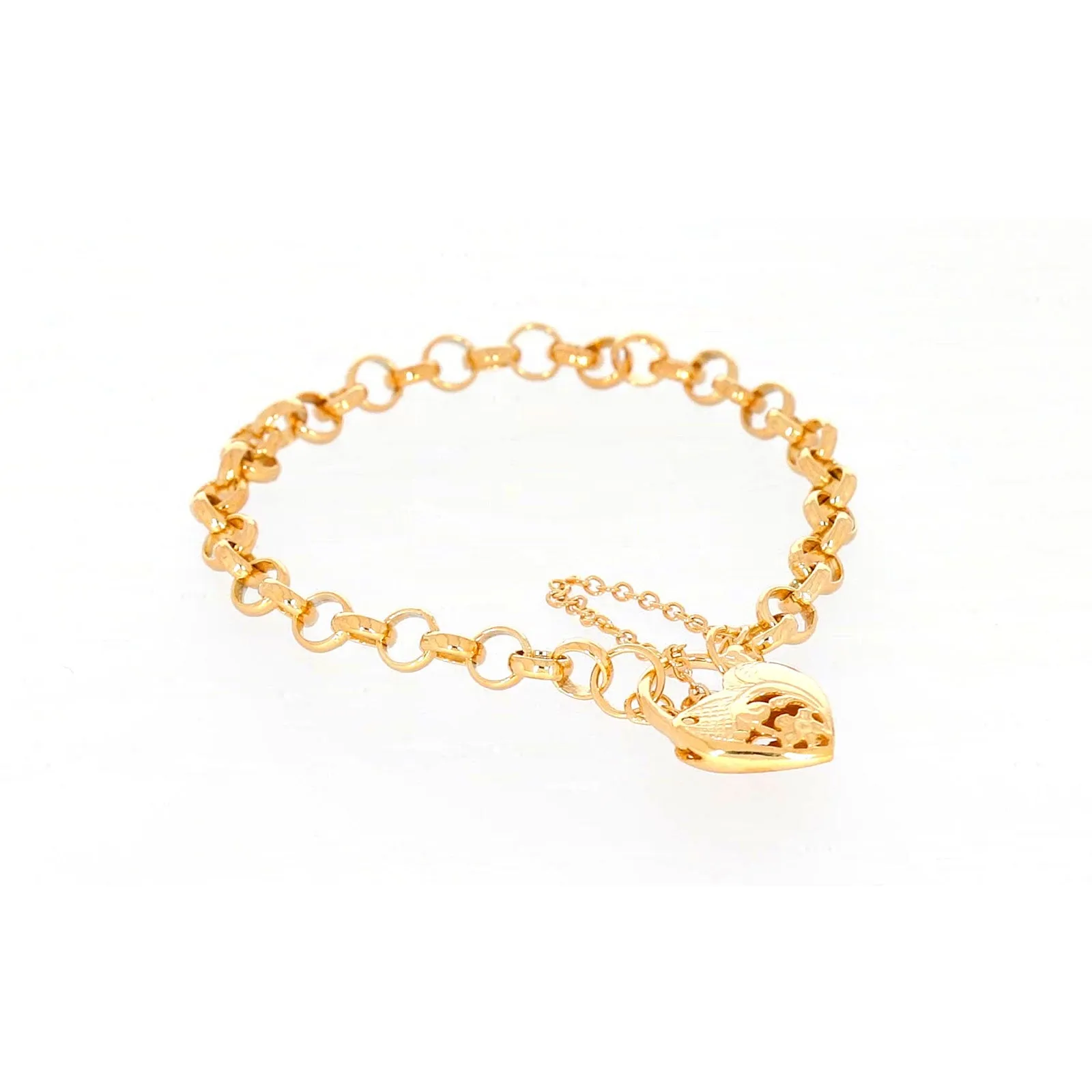 9ct Yellow Gold Silver Filled 19cm Round Belcher Heart Padlock Bracelet