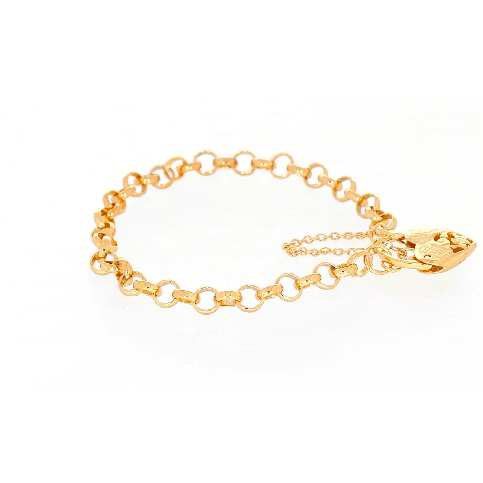 9ct Yellow Gold Silver Filled 19cm Round Belcher Heart Padlock Bracelet