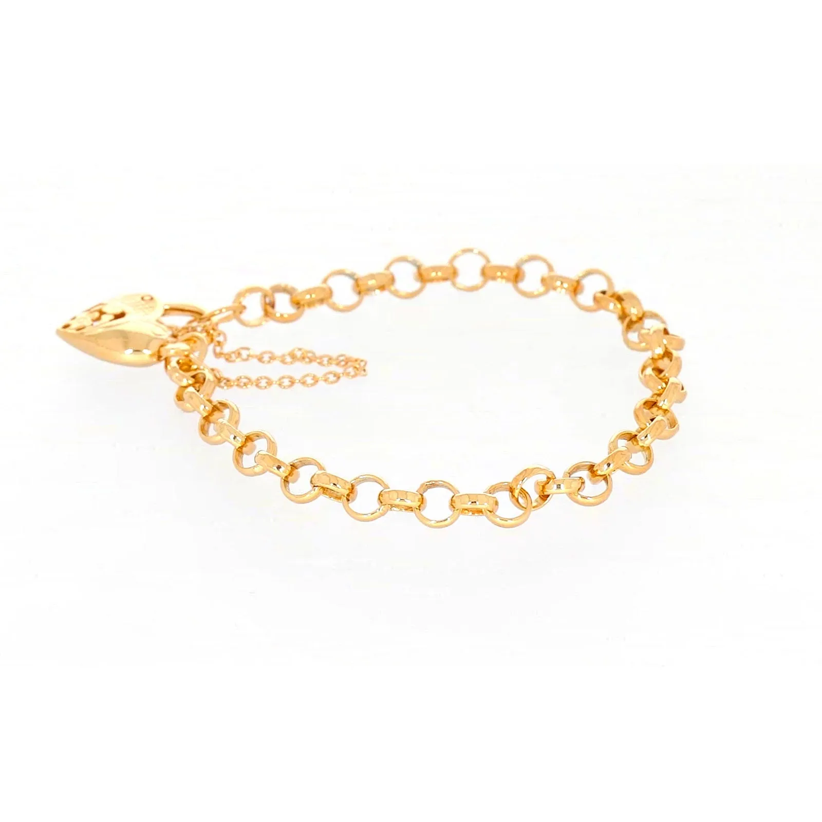 9ct Yellow Gold Silver Filled 19cm Round Belcher Heart Padlock Bracelet