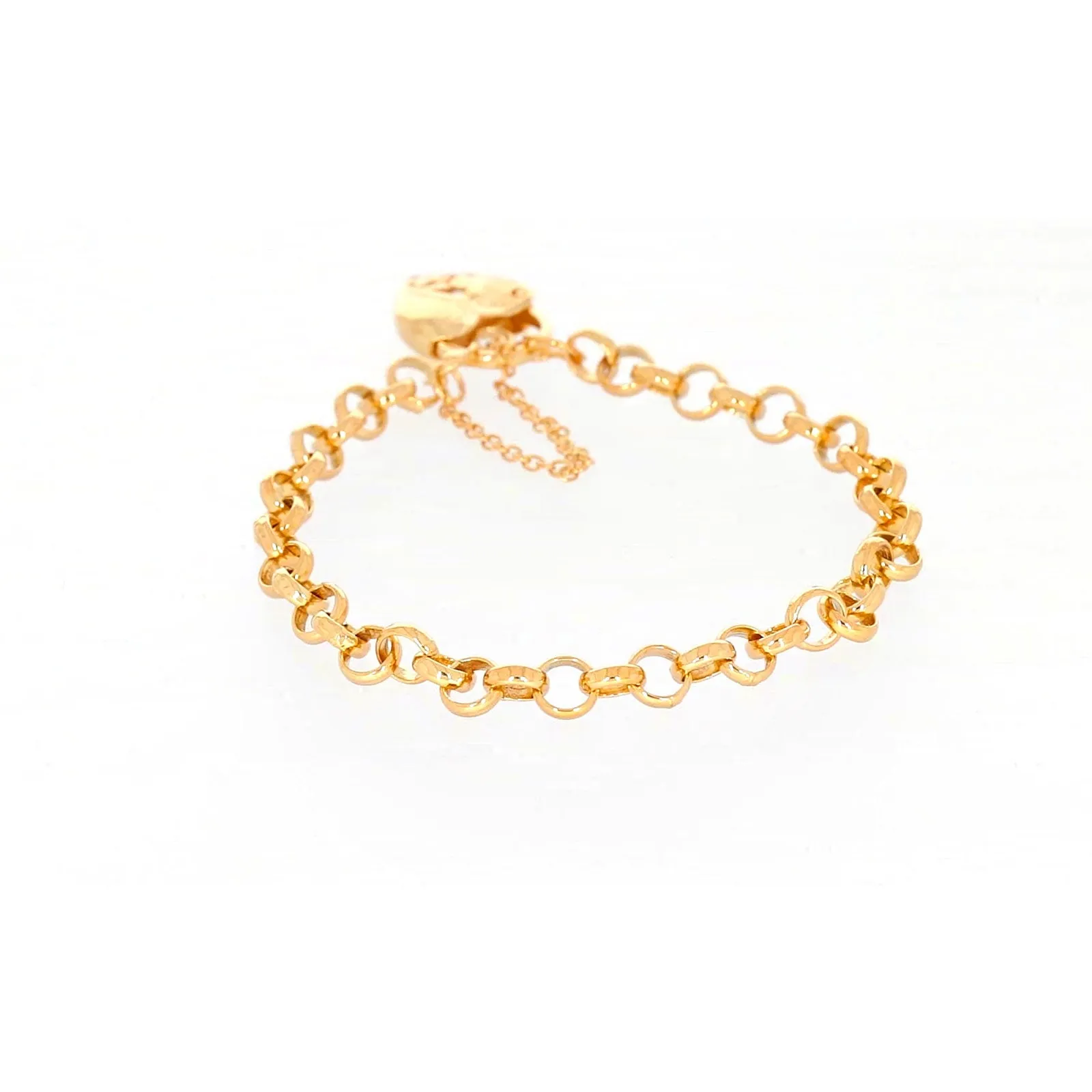 9ct Yellow Gold Silver Filled 19cm Round Belcher Heart Padlock Bracelet