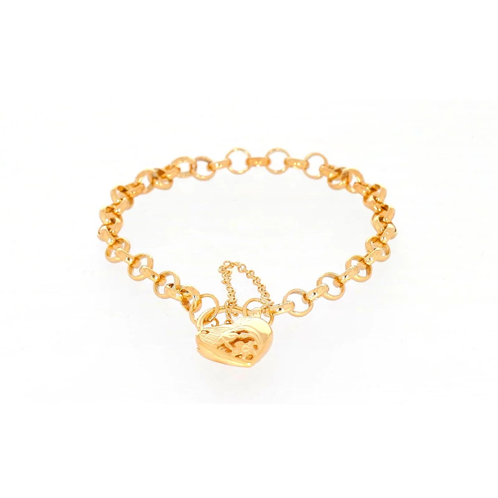 9ct Yellow Gold Silver Filled 19cm Round Belcher Heart Padlock Bracelet