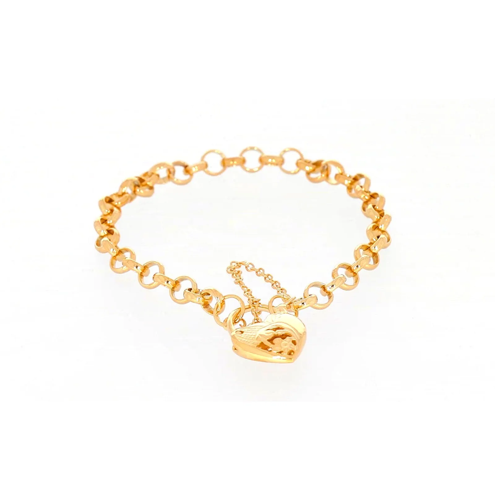 9ct Yellow Gold Silver Filled 19cm Round Belcher Heart Padlock Bracelet