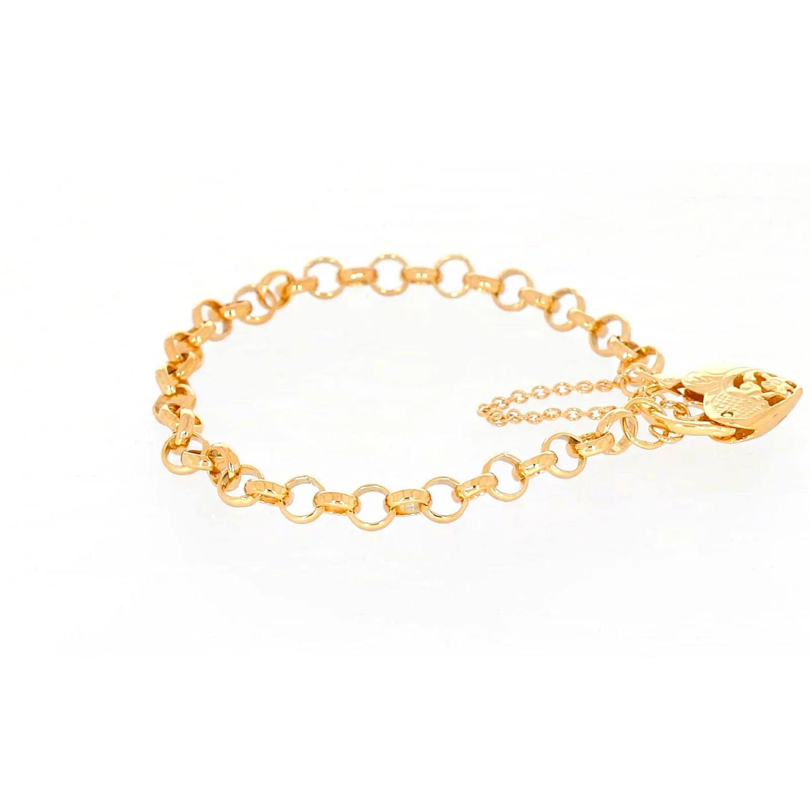 9ct Yellow Gold Silver Filled 19cm Round Belcher Heart Padlock Bracelet