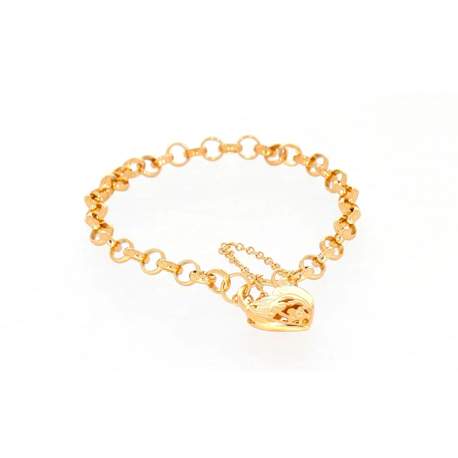 9ct Yellow Gold Silver Filled 19cm Round Belcher Heart Padlock Bracelet