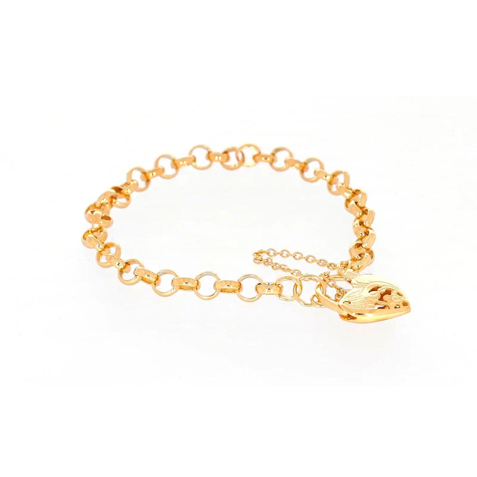 9ct Yellow Gold Silver Filled 19cm Round Belcher Heart Padlock Bracelet