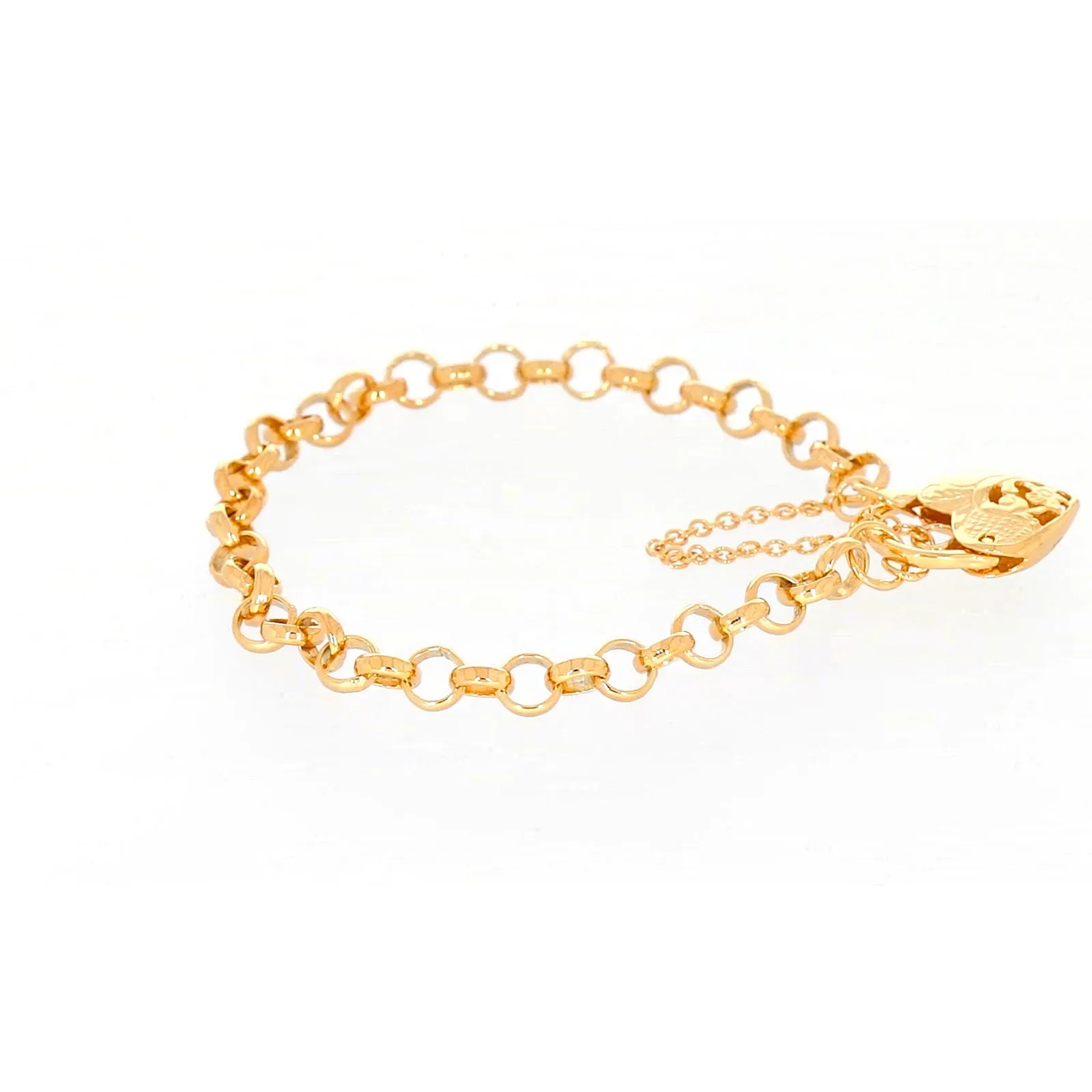 9ct Yellow Gold Silver Filled 19cm Round Belcher Heart Padlock Bracelet