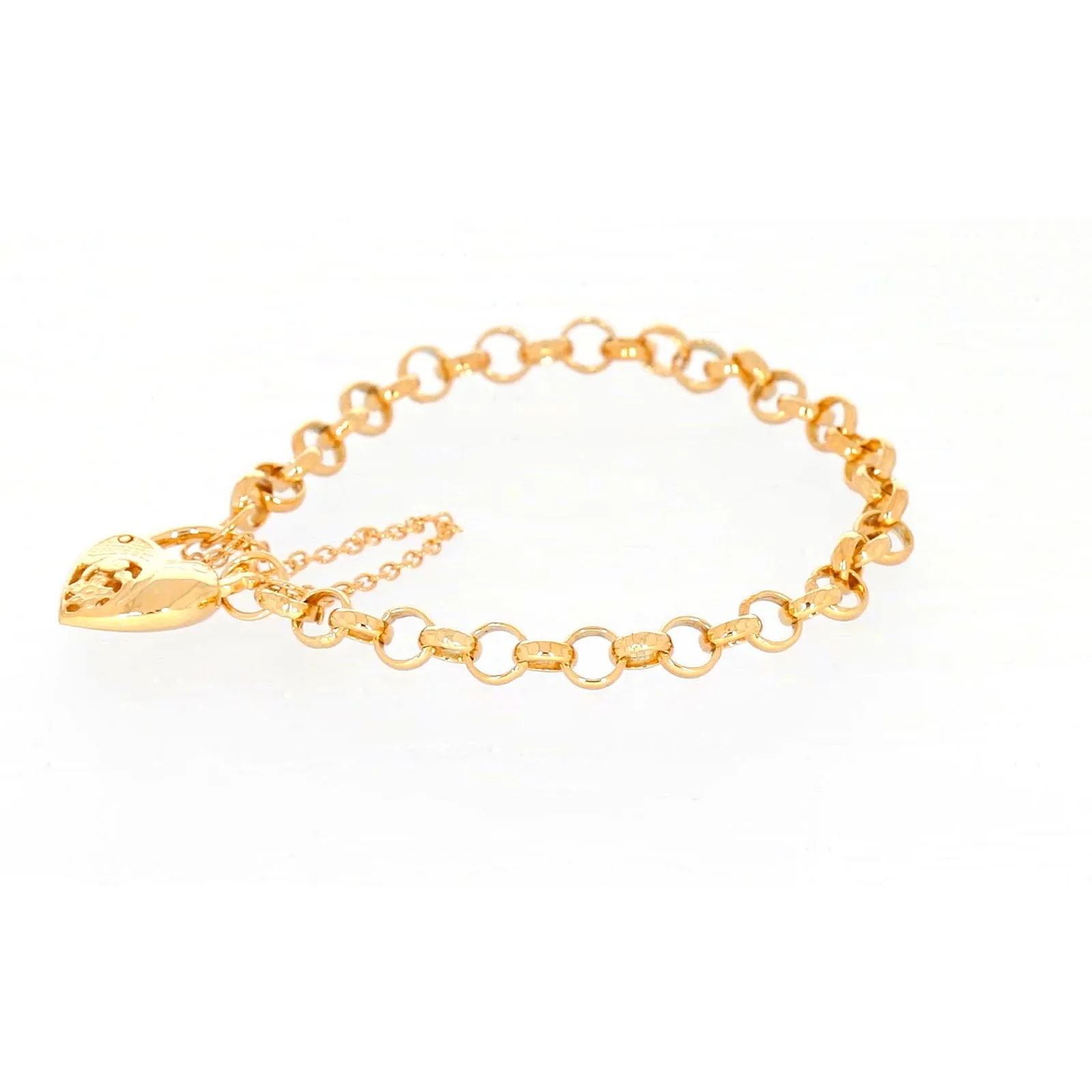 9ct Yellow Gold Silver Filled 19cm Round Belcher Heart Padlock Bracelet