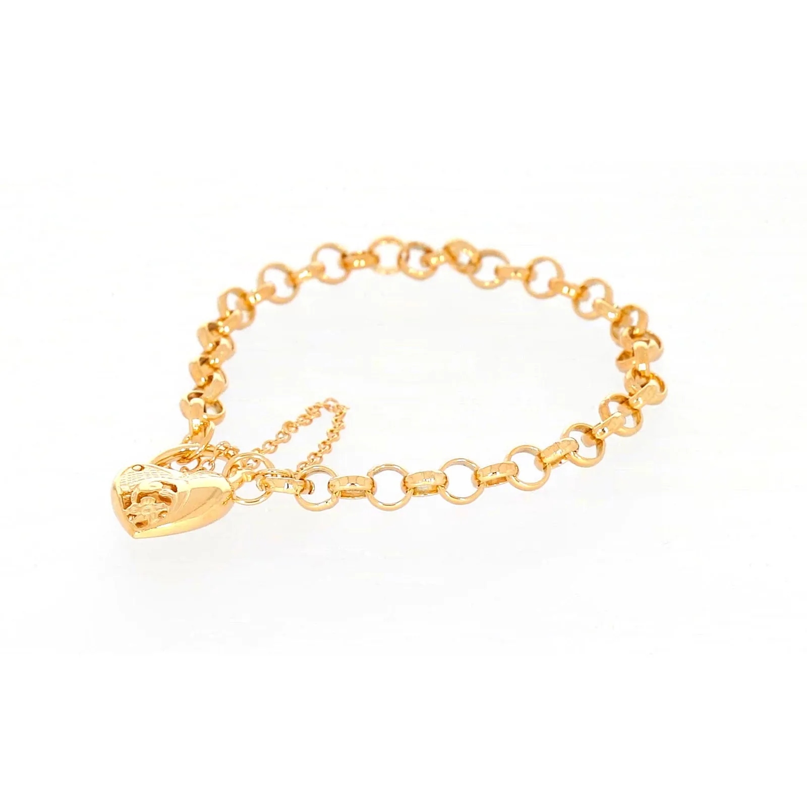 9ct Yellow Gold Silver Filled 19cm Round Belcher Heart Padlock Bracelet