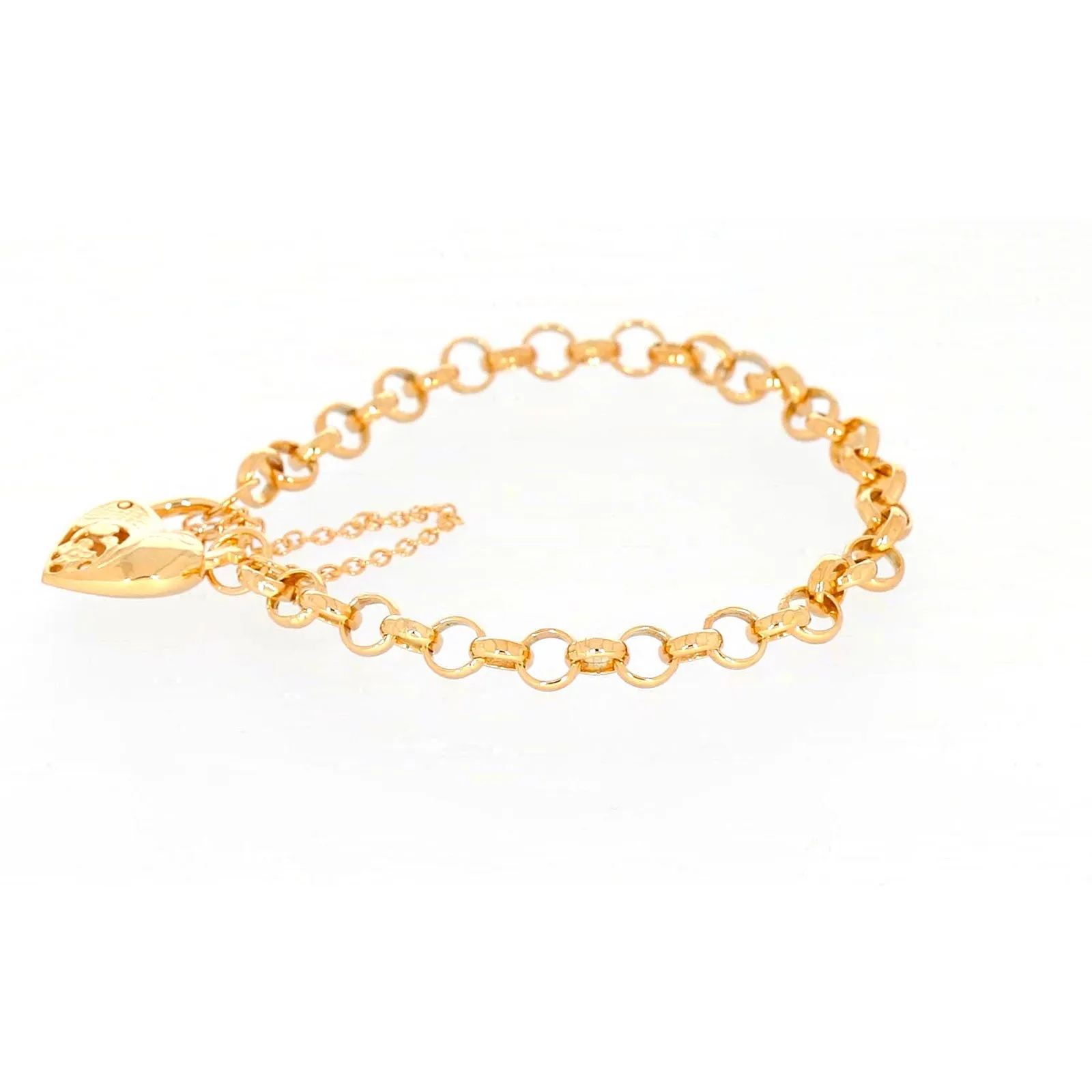 9ct Yellow Gold Silver Filled 19cm Round Belcher Heart Padlock Bracelet