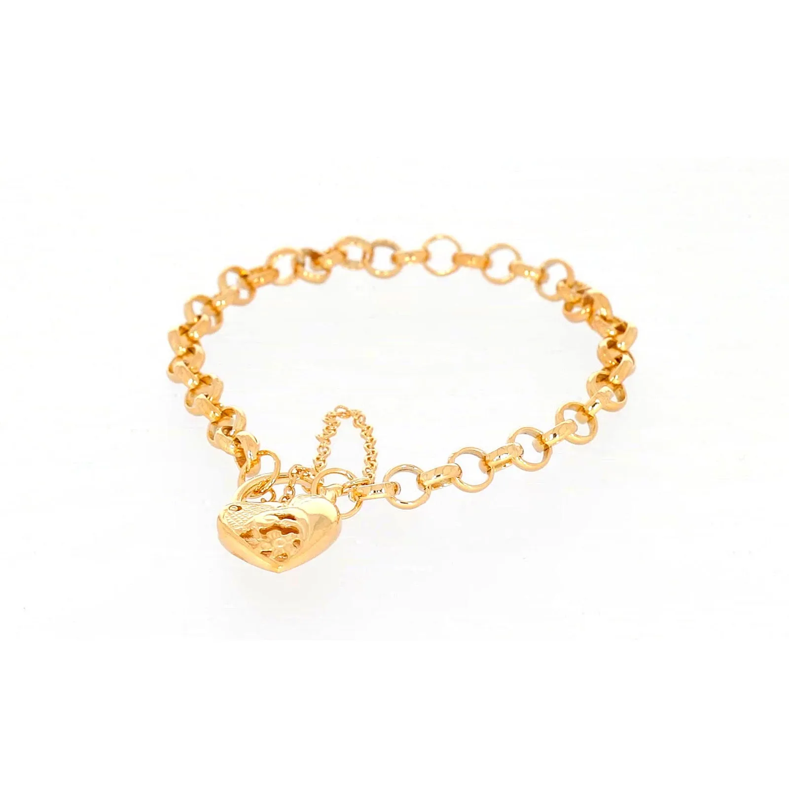 9ct Yellow Gold Silver Filled 19cm Round Belcher Heart Padlock Bracelet