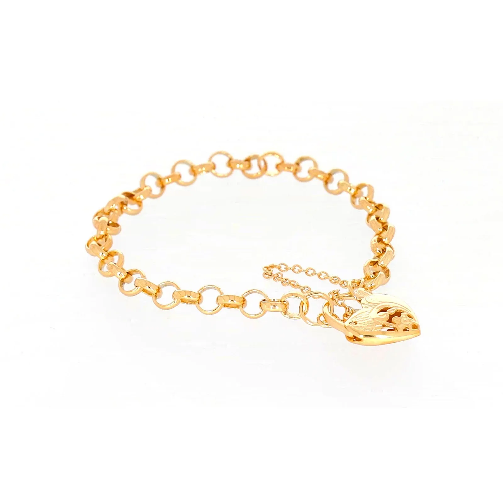 9ct Yellow Gold Silver Filled 19cm Round Belcher Heart Padlock Bracelet