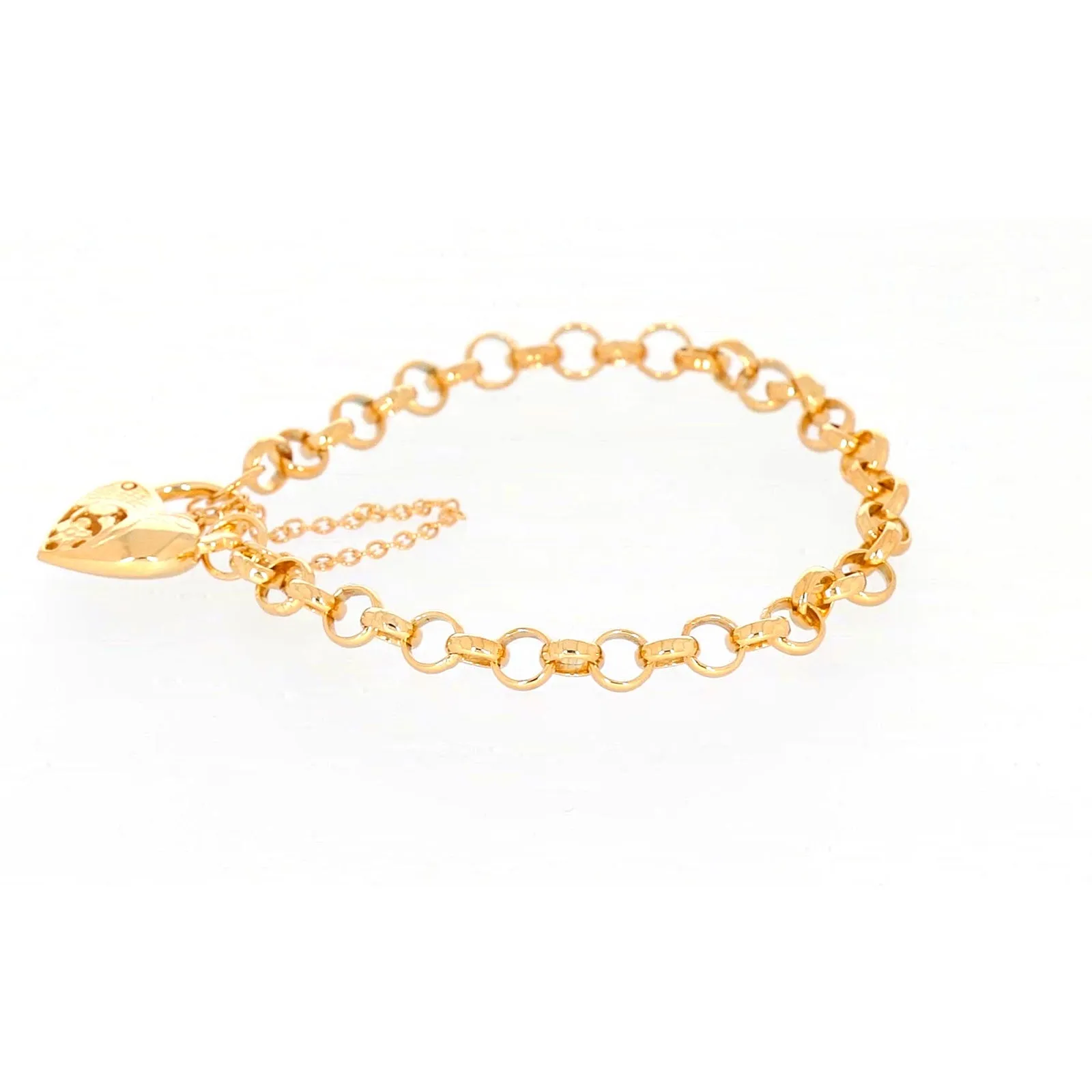 9ct Yellow Gold Silver Filled 19cm Round Belcher Heart Padlock Bracelet