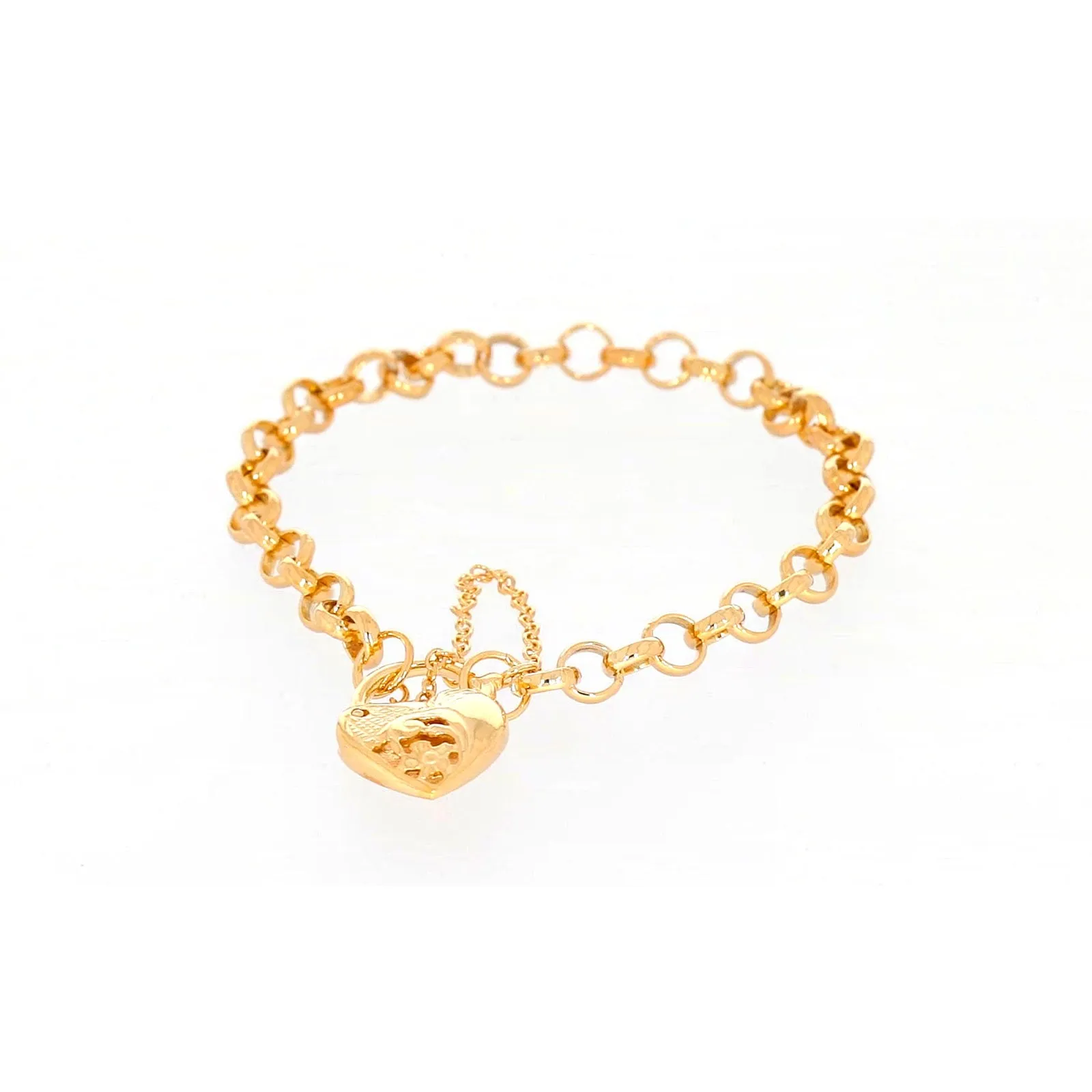 9ct Yellow Gold Silver Filled 19cm Round Belcher Heart Padlock Bracelet