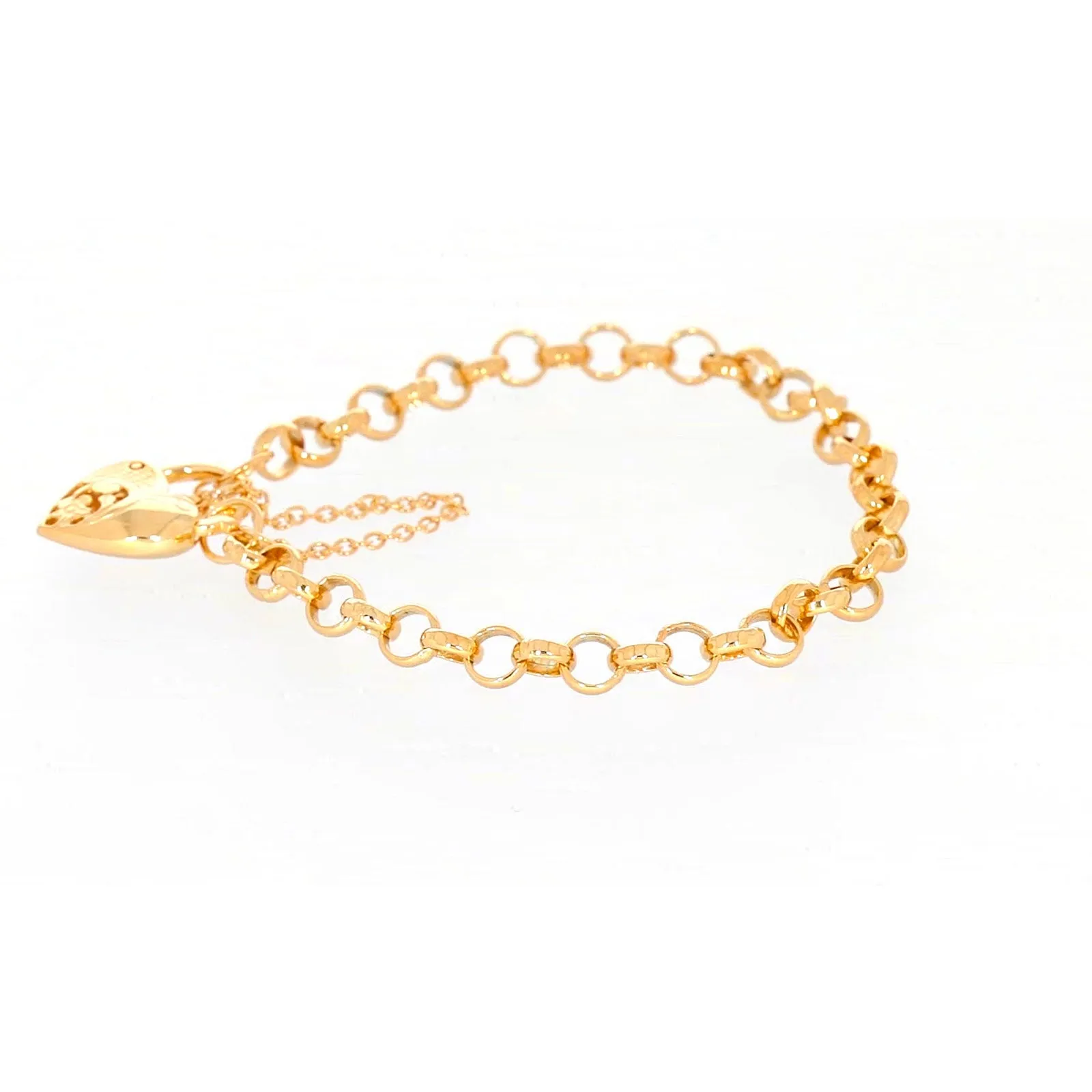 9ct Yellow Gold Silver Filled 19cm Round Belcher Heart Padlock Bracelet