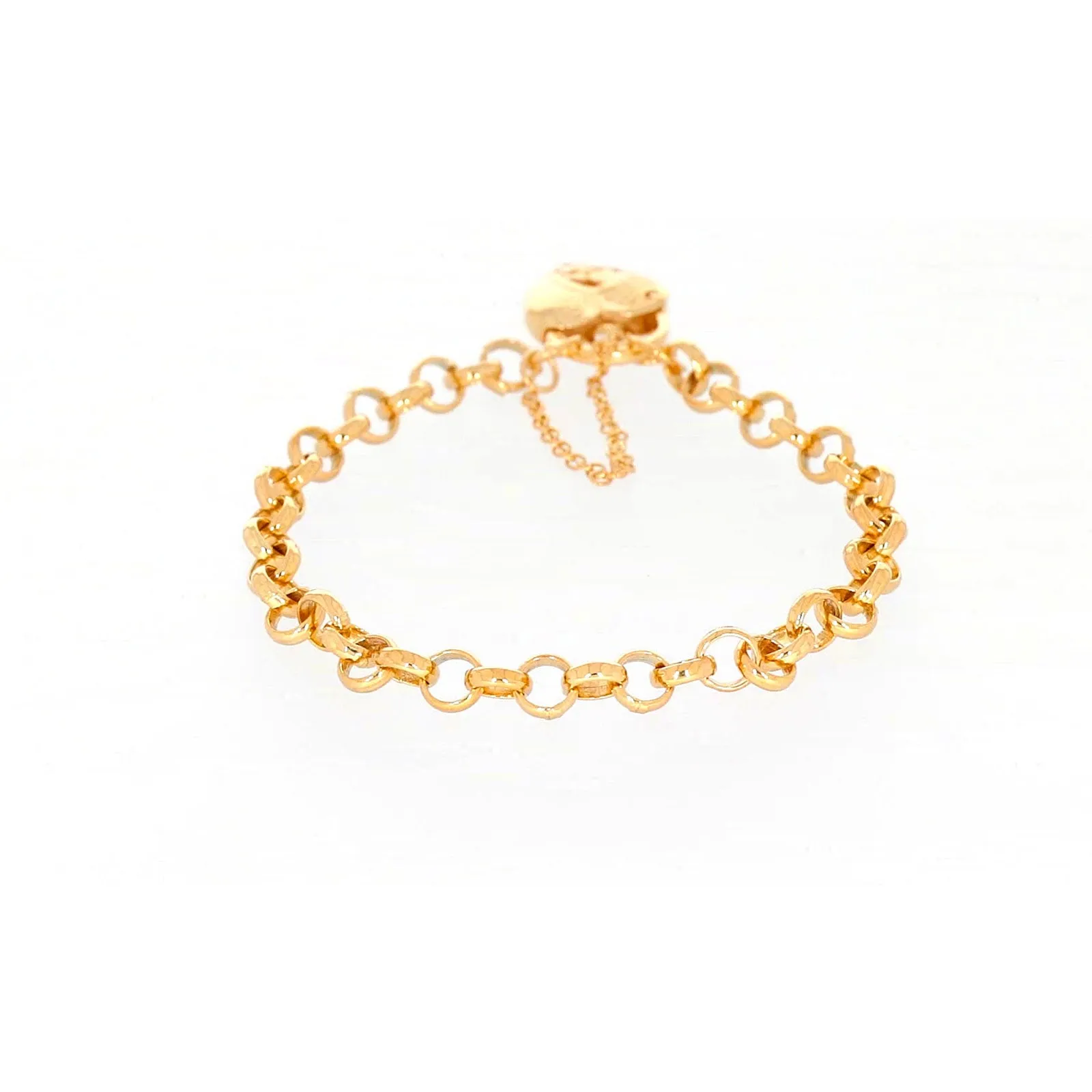 9ct Yellow Gold Silver Filled 19cm Round Belcher Heart Padlock Bracelet